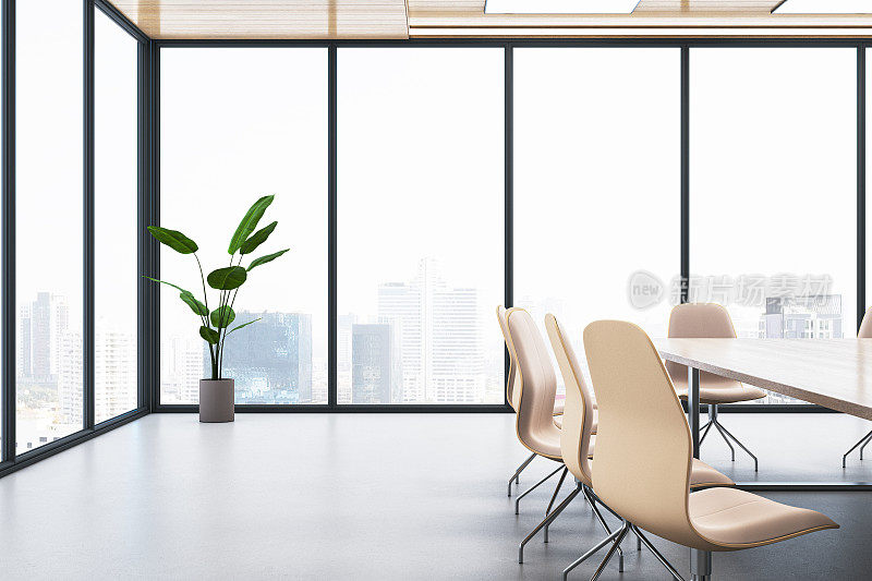 室内配有家具和城市全景窗的现代光会议室。3 d渲染。